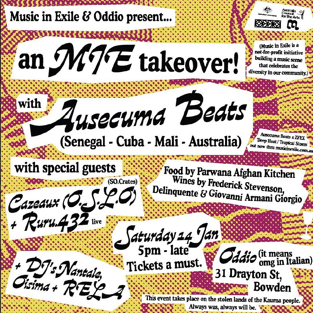 @music.in.exile are bringing a huge night of sounds to Oddio on Saturday Jan 14. 

@ausecumabeats live and direct with special guests @cazeauxoslo and @ruru.432 〰️ DJs @oisimamusic and Nantale

Awesome line up of DJs, incredible food from @parwana.ki