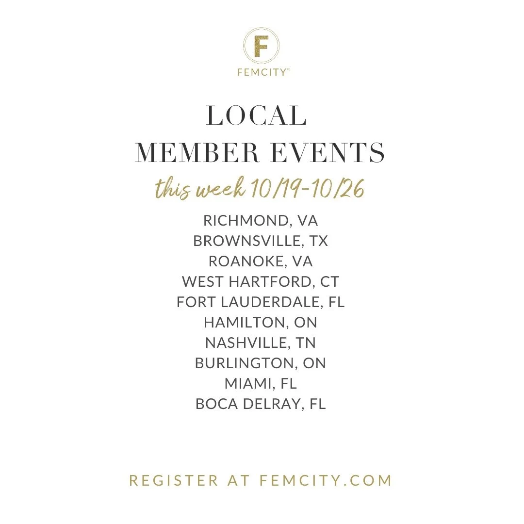 Hi FEMS, Happy Monday. Here is what we have planned for you this week at FemCity. All the programing is included in your Membership unless noted with a $. 

✨ Join us November 1st in Miami for a day of connection, inspiration, and expansion &mdash; w