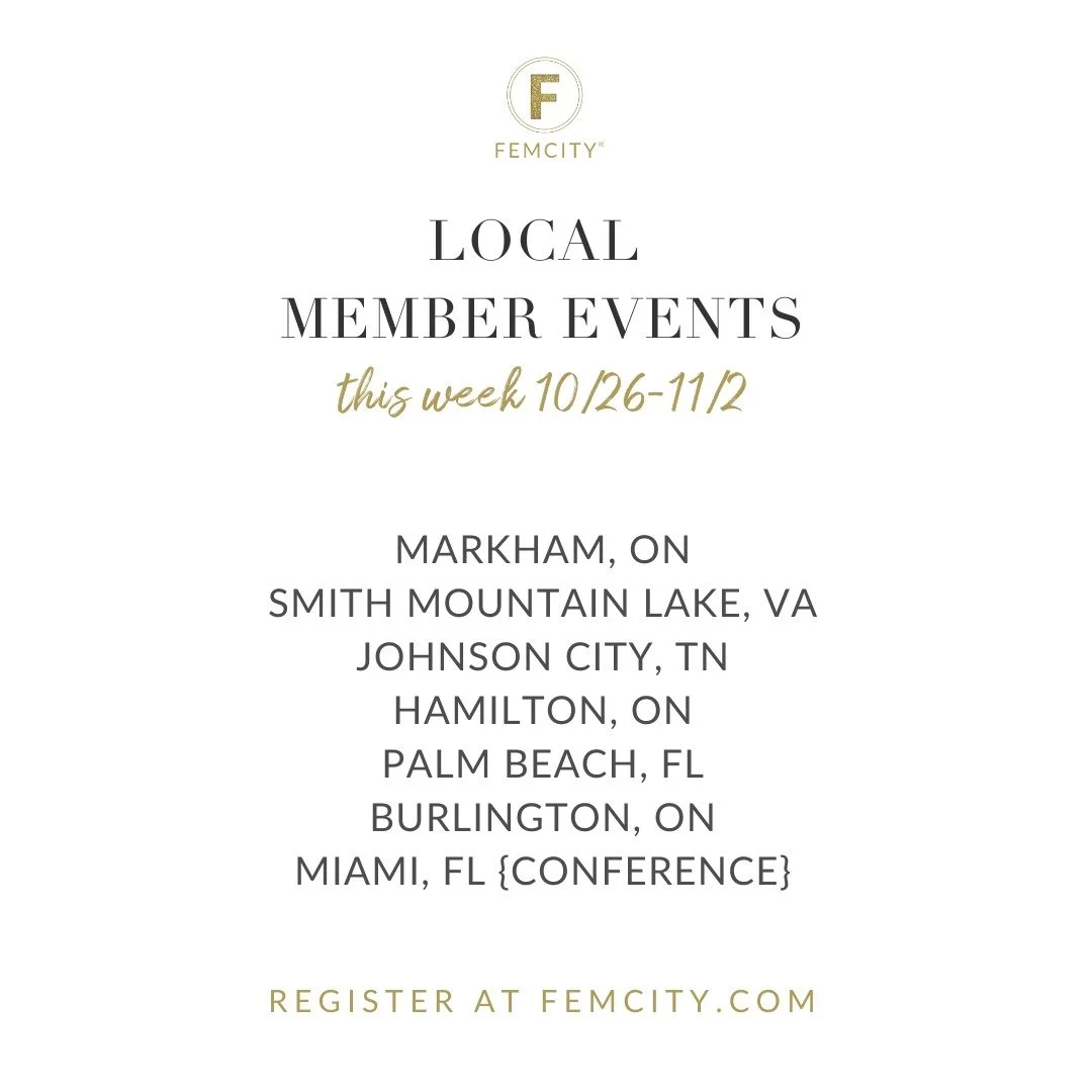 Hi FEMS! Happy Monday!! Here's what FemCity has planned for you this week. All of the below are included in your FemCity Membership unless noted.
Online programs for our
COMPLIMENTARY FOR
LOCAL MEMBERS
Monday, 10.27 @ 1pm ET
MONDAY MENTORSHIP
with