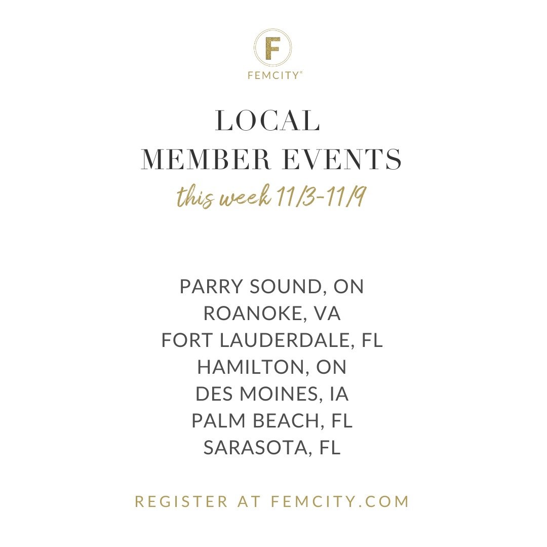 Hi FEMS! Happy Monday! 

Here's what FemCity has planned for you this week: Everything is complimentary with your Local Membership unless noted.

Online programs for our
COMPLIMENTARY FOR
TRIAL LOCAL MEMBERS

Monday, 11.3 @ 1pm ET
MONDAY MENTORSHIP
w