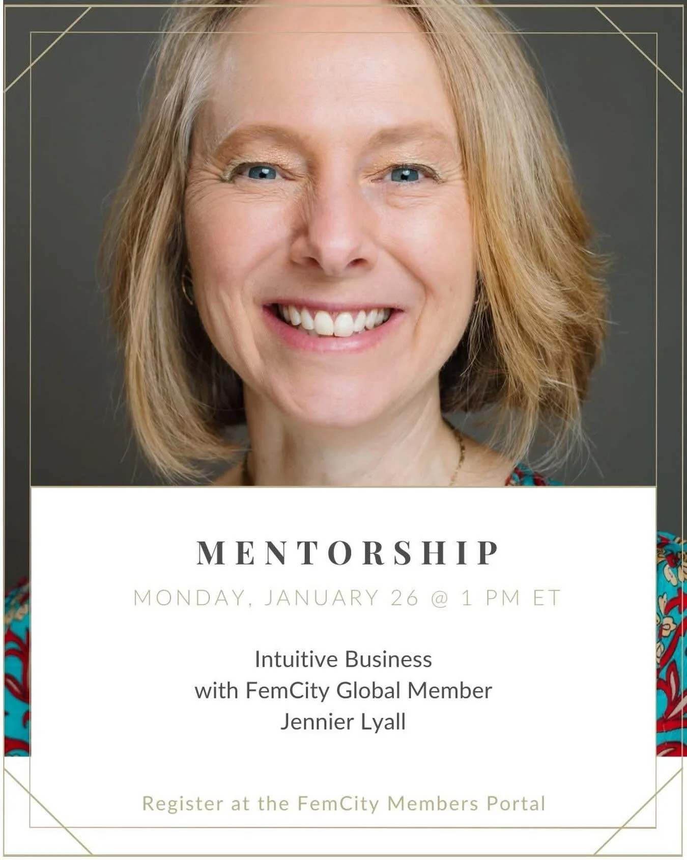 Join us today at 1 pm ET for our Mentorship session with FemCity global member @livhealthybyjenniferlyall 

Jennifer Lyall is an Intuitive Business Mentor, helping ambitious women entrepreneurs grow their business with ease by shifting from overthink