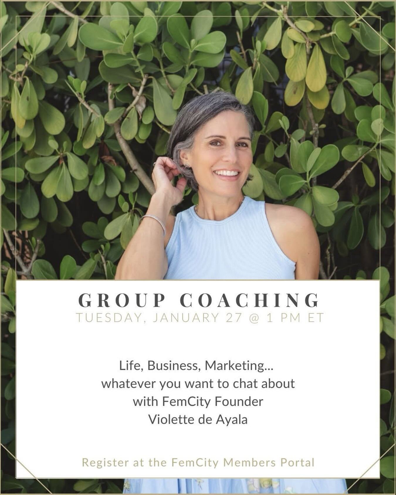 Join FemCity Founder @violettedeayala today at 1 PM ET for our Members Group Coaching session.  Bring your questions, pick her brain or just listen for great conversations and good vibes. 

Find the zoom link at FemCity.com. Not a FemCity Member? Sig
