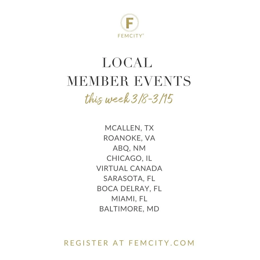 Hi FEMS! Happy Monday! Here is what we have planned for you this week at FemCity. All sessions are complimentary for Members. 

COMPLIMENTARY PROGRAMS&nbsp;
FOR TRIAL AND LOCAL MEMBERS

MONDAY MENTORSHIP
&rdquo;FITNESS + WELLNESS&rdquo;
with FemCity 