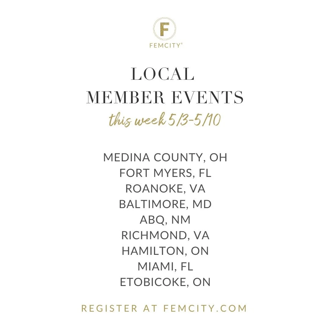 Happy Monday FEMS!! We have a lot of in-person events this week. We would love to see you, introduce you to other Members and see collabs, partnerships and friendships soar. 

Join FemCity for only $15.99 and get access to local and online programs. 
