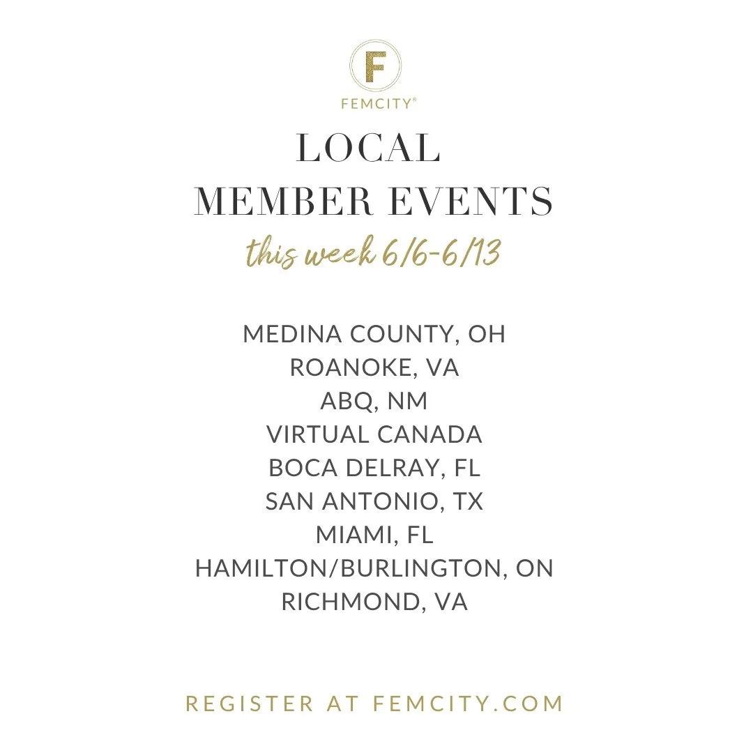 Happy Monday FEMS! Here is what FemCity has planned for you this week. All of these online programs are included in your membership. We hope to see you this week.

✨ COMPLIMENTARY PROGRAMS FOR ONLINE, LOCAL + GLOBAL MEMBERS
📅 MONDAY MENTORSHIP with 