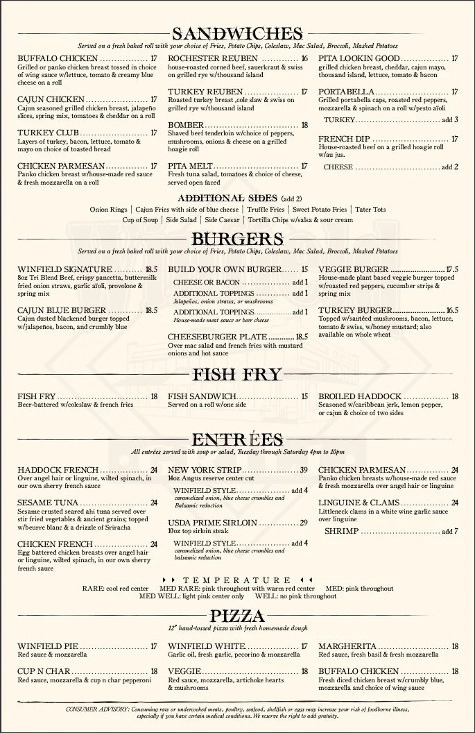 Menu | The Winfield Grill | Rochester, NY