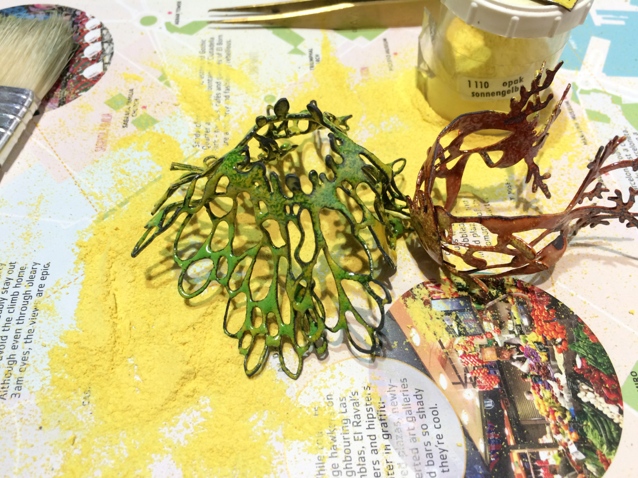 Pale powders transform into bright, glossy glazes.