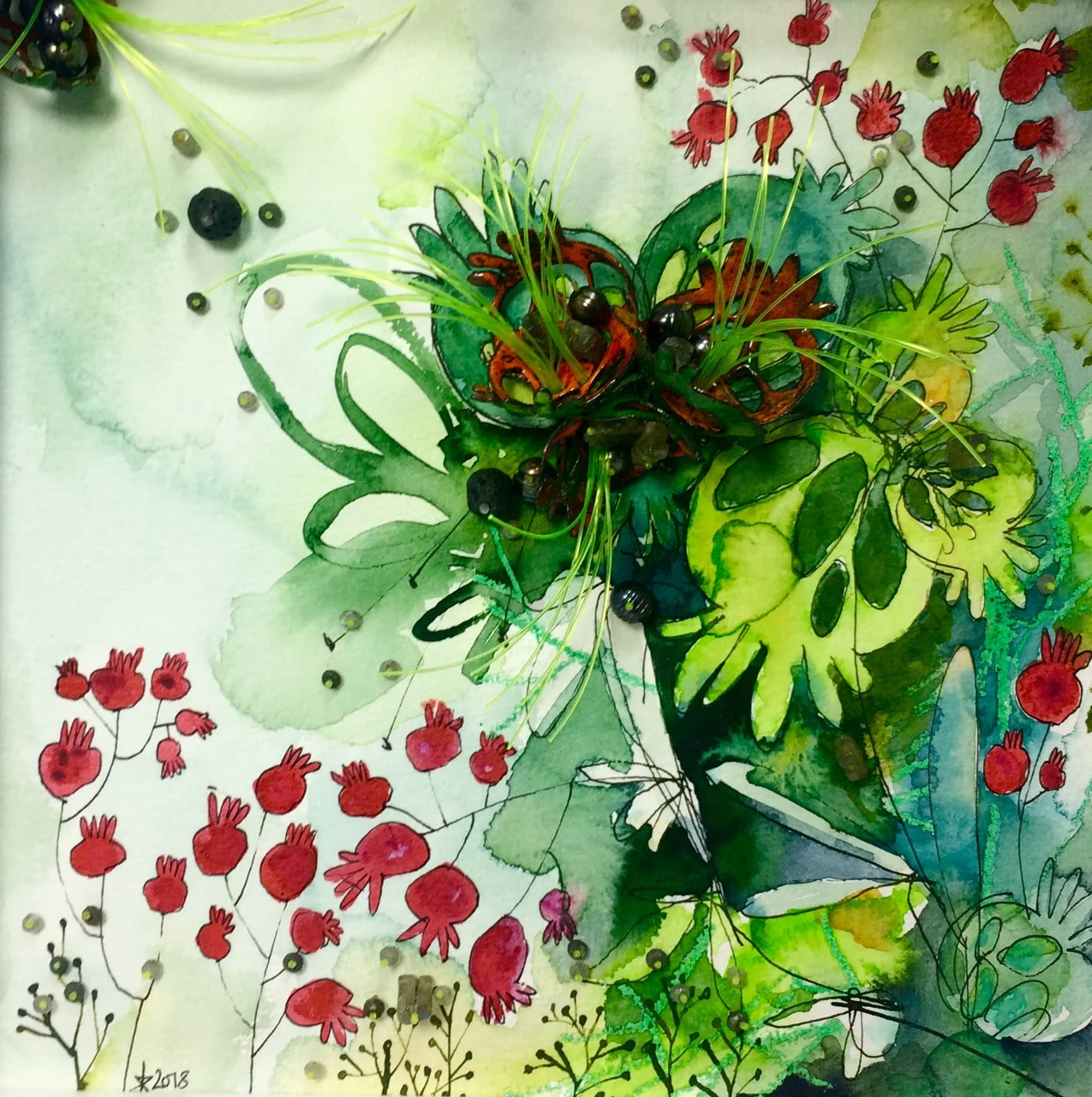 Spring Explosion. Wall art/painting. Enamel on copper, black freshwater pearls, nylon, mixed gemstones, watercolour, ink, Fabriono paper.