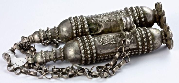 “Antique Yemeni silver kohl boxes, traditionally worn on Djambiya (Dagger) Belt. Yemen.”