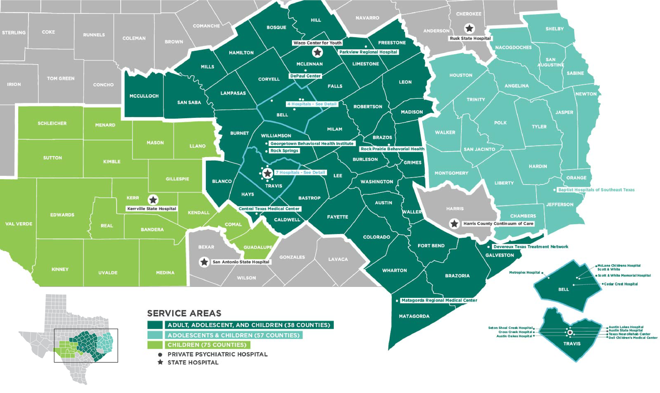 The Austin State Hospital service area includes 38 counties for adults, 57 for adolescents, and 75 for children. There are more than twenty private psychiatric hospitals in communities across the service area.