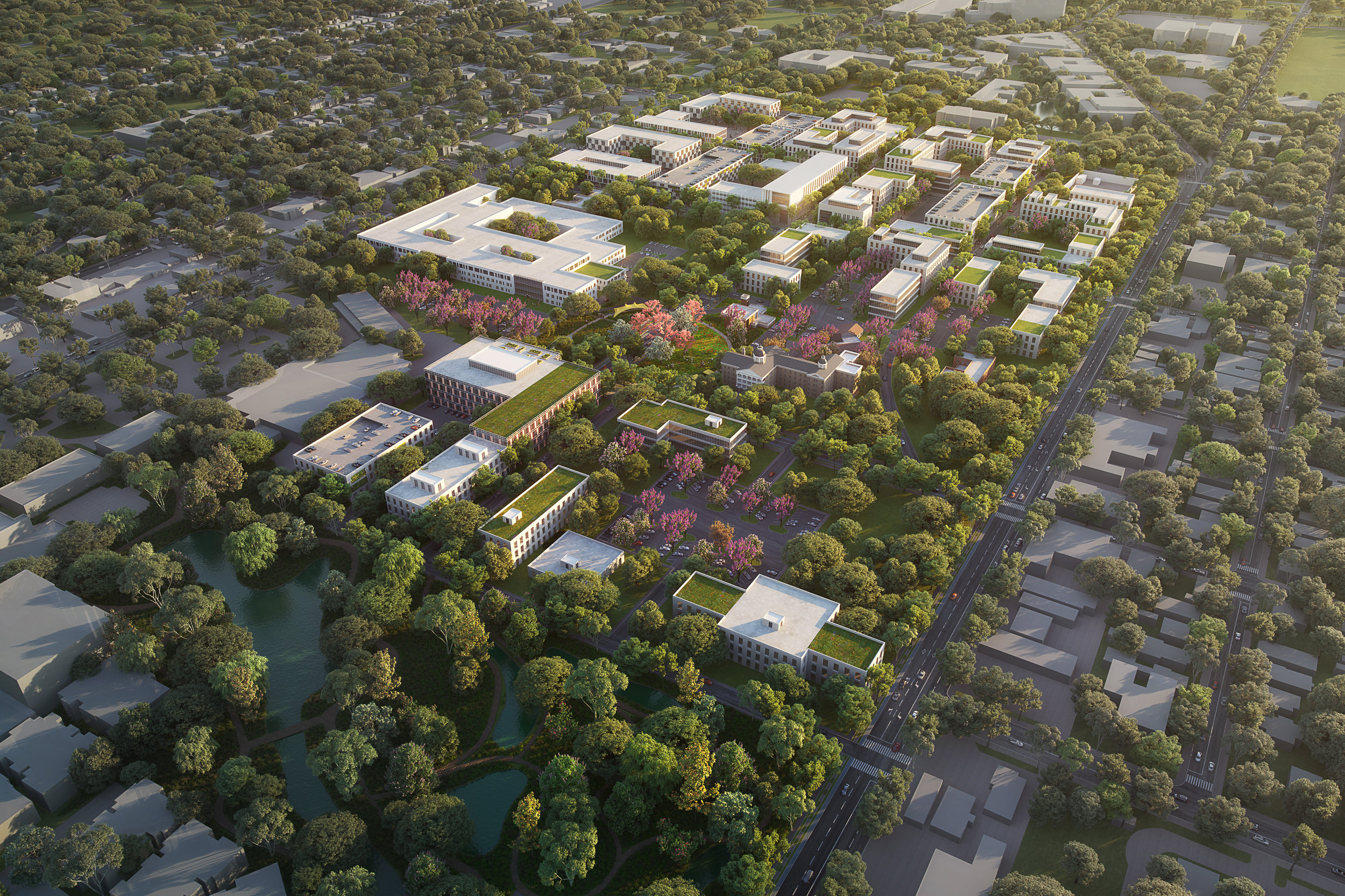 Concept rendering from the master plan of a future vision for the Austin State Hospital Campus, reimagined as more than a hospital, but a platform for the entire continuum of care for a brain health system. Image created by Page/ for Dell Medical School.