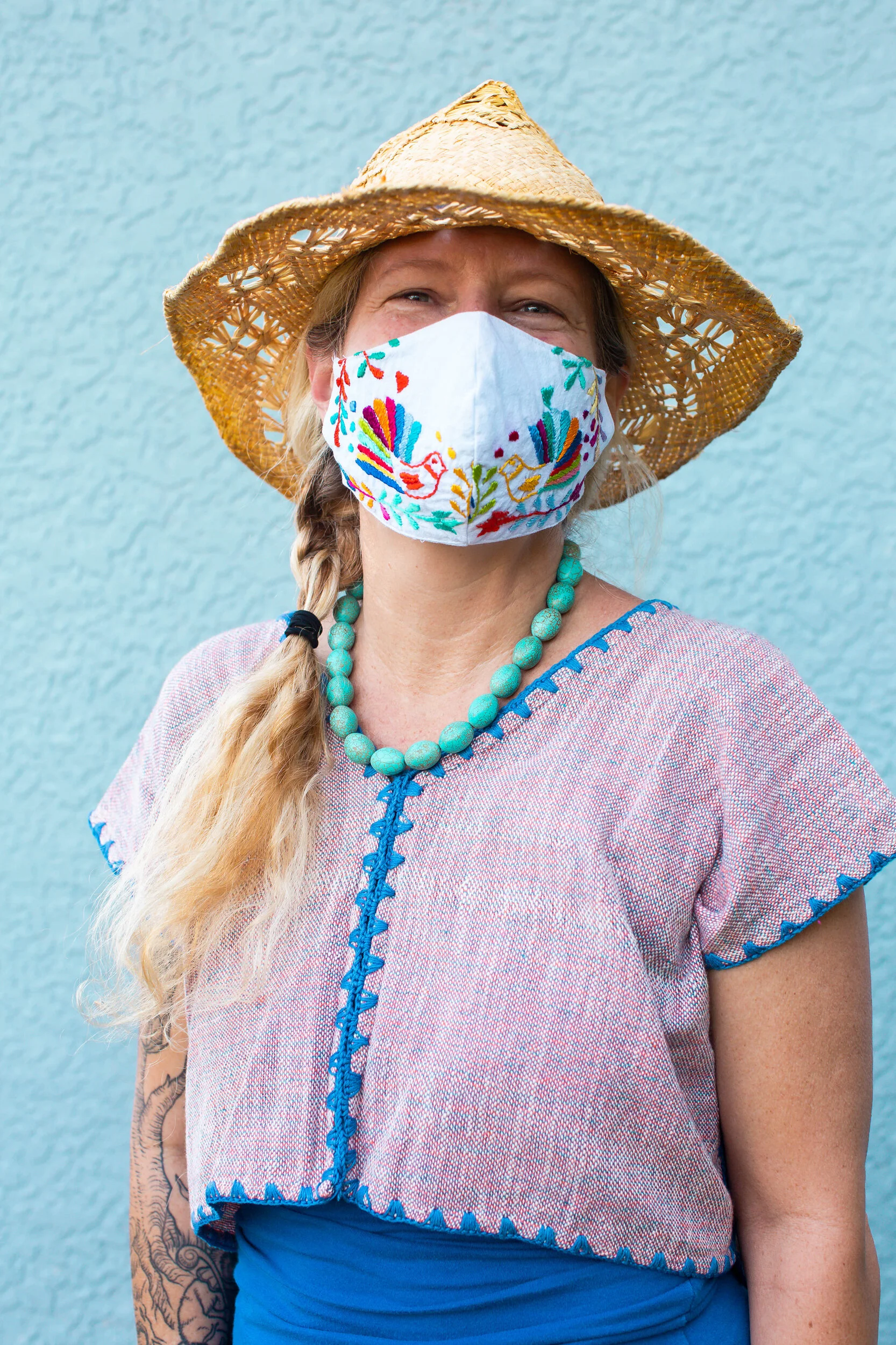  Mitla Embroidered Mask $16  Hand woven top $55  Turquoise necklace $45   