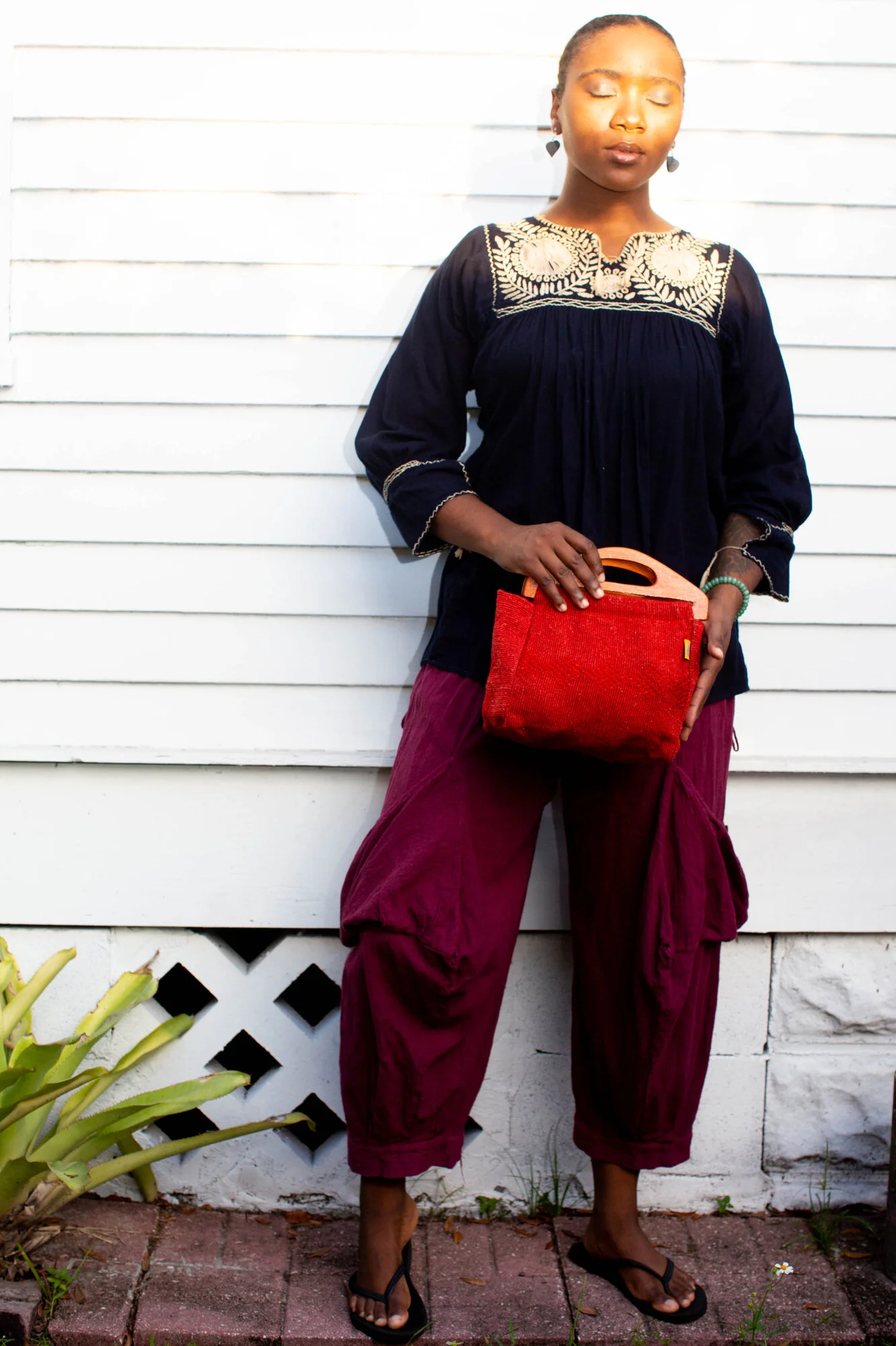 Deep navy embroidery top $48.