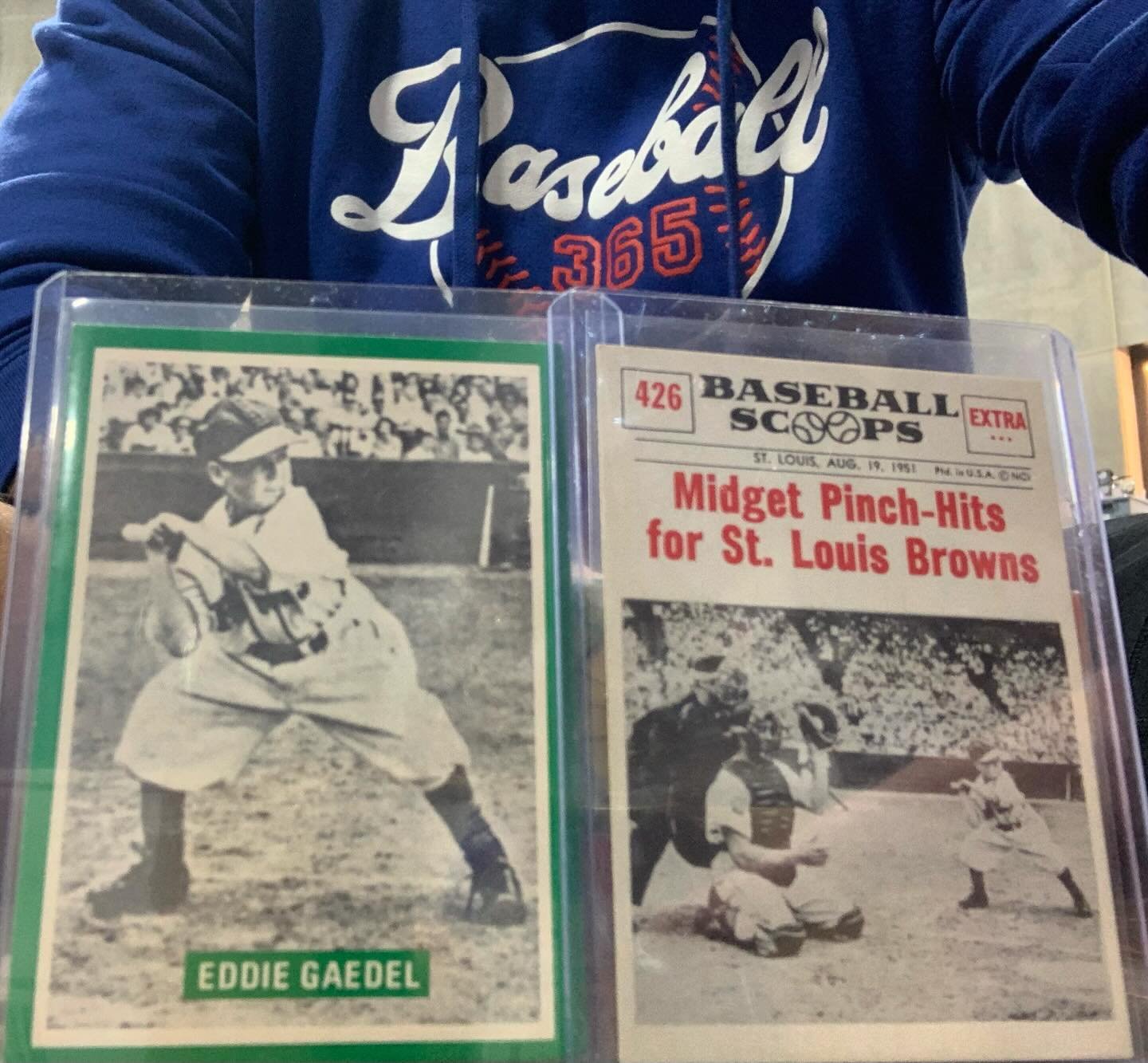 These are the only 2 vintage cards depicting Eddie Gaedel.  The one on the left is a 1977 Frisch and the one on the right is considered his &ldquo;rookie card&rdquo;, a 1961 Nu-Card Scoops &ldquo;Midget pinch hits&rdquo;. Both cards are rare and hard