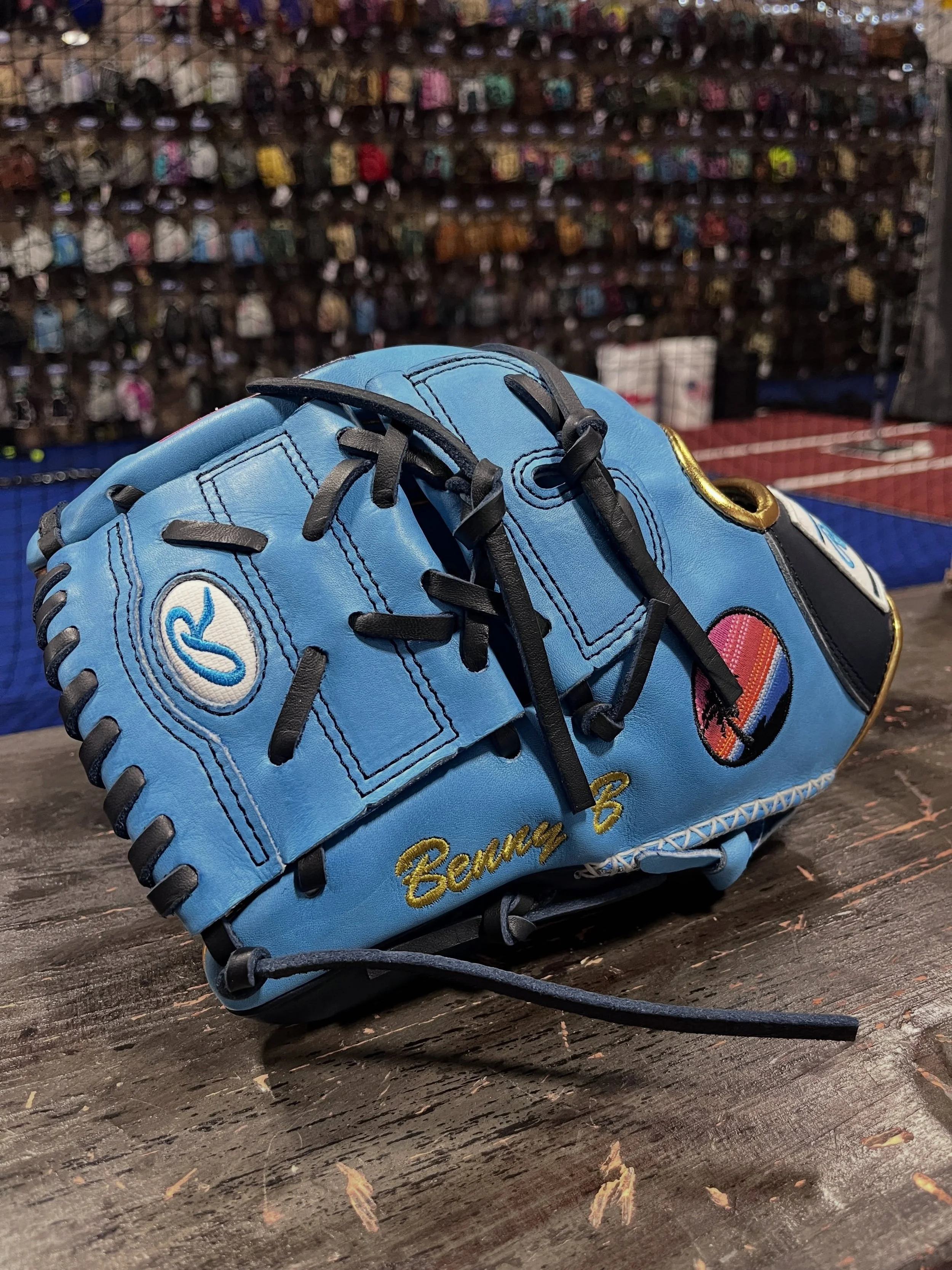Love this customer custom Rawlings Heart of the Hide they ordered through us.  Very sharp! 

If you need a custom Rawlings or Wilson we can help with the process and get it ordered.  We can also help you design it.  Stop in the store or there is an o