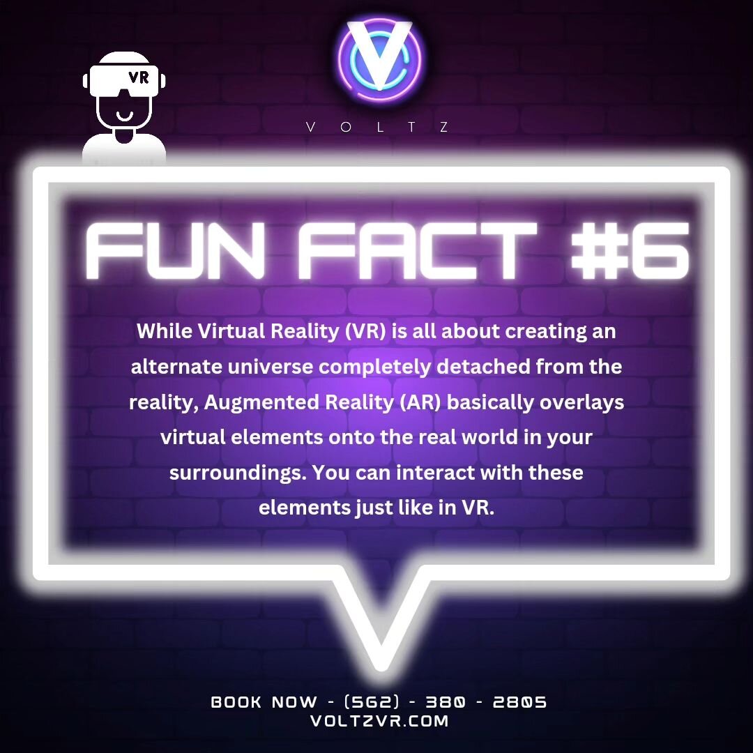 Did you know the difference between VR and AR? Which one do you prefer? Let us know in the comments! #vrgames #vr #augmentedreality #socal #orangecounty #voltzvr #FunFact #experience 

Go to Voltzvr.com or call (562) 380-2805 to book an experience wi