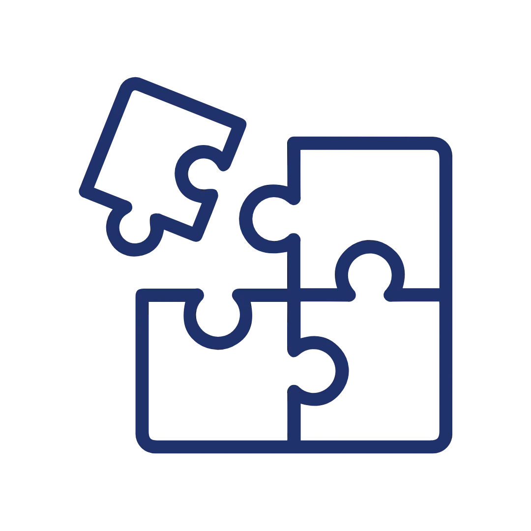 Outline of four interconnected puzzle pieces, two are separate and two are connected.