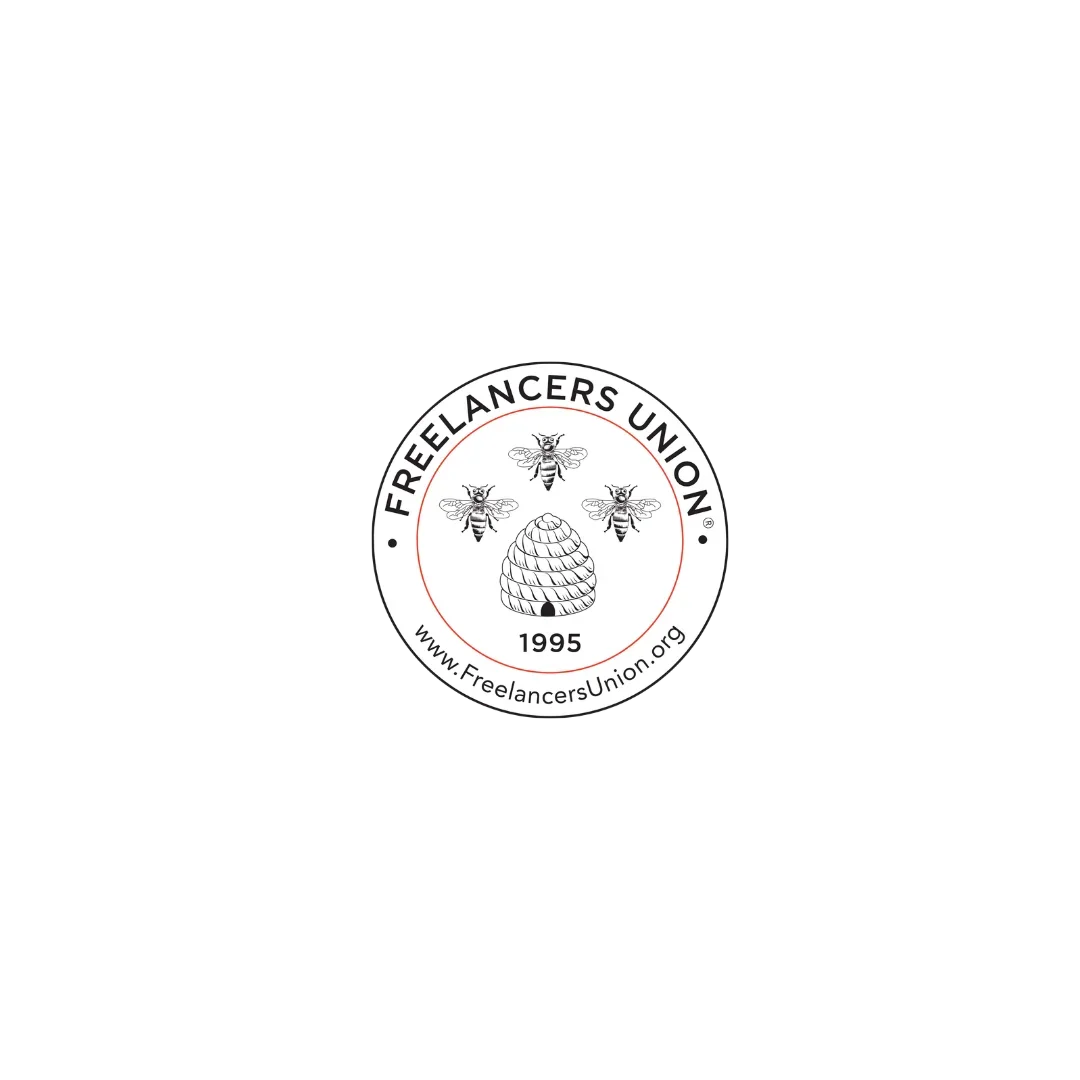 Logo of Freelancers Union with bees and a beehive, established in 1995, website www.FreelancersUnion.org.