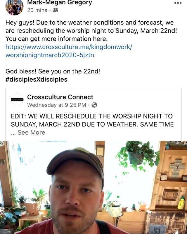 Good morning! Due to the weather conditions and forecast, we are rescheduling the worship night to Sunday, March 22nd!
You can get more information here:
https://www.crossculture.me/kingdomwork/worshipnightmarch2020-5jztn

God bless!