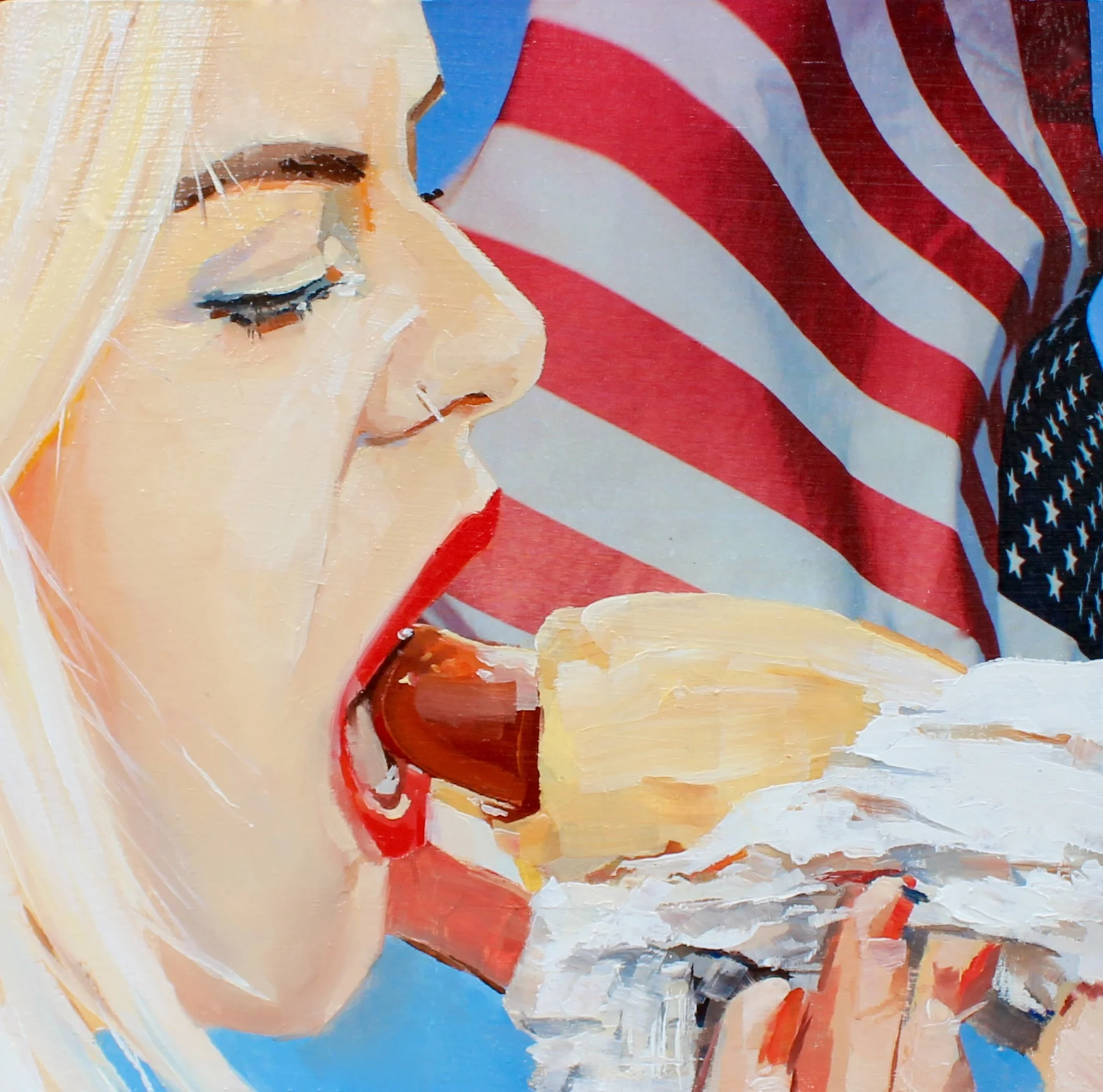   Hot Dog  2015 paper, acrylic and oil on wood panel 10 x 10 inches 