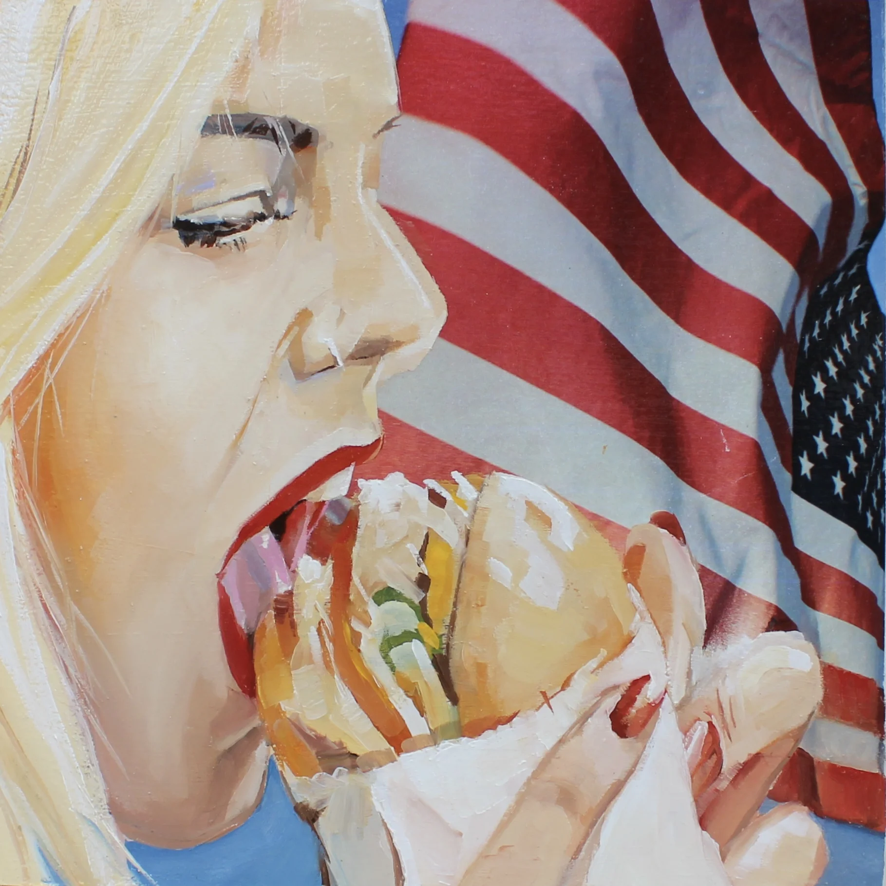   Double Cheese Burger  2015 paper, acrylic and oil on wood panel 10 x 10 inches 