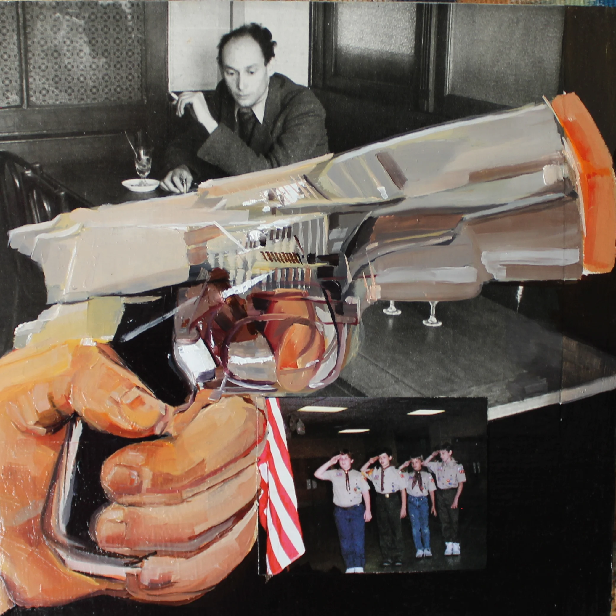 Caffeinated Cap Gun 2014 paper, acrylic and oil on wood panel 10 x 10 inches