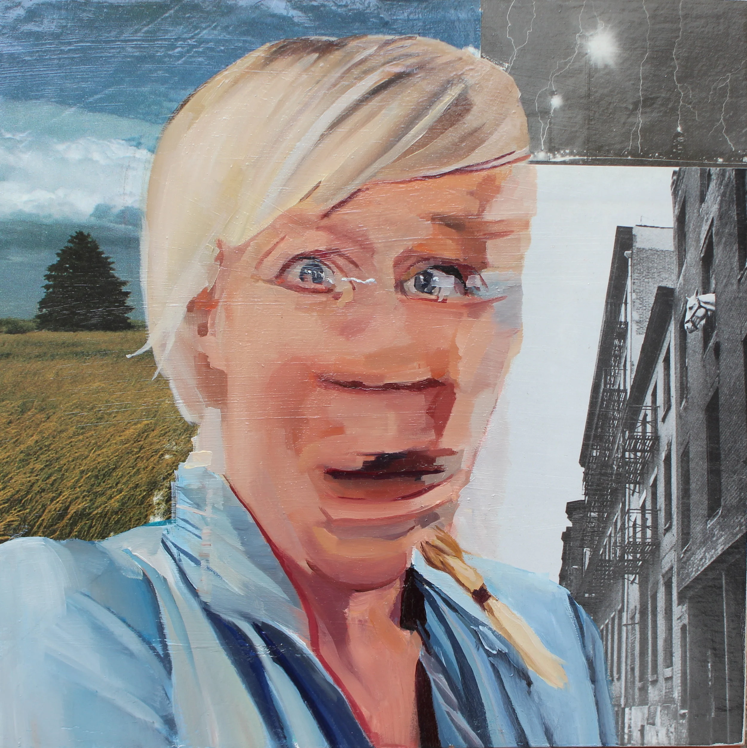 Shock 2014 paper, acrylic and oil on wood panel 12 x 12 inches