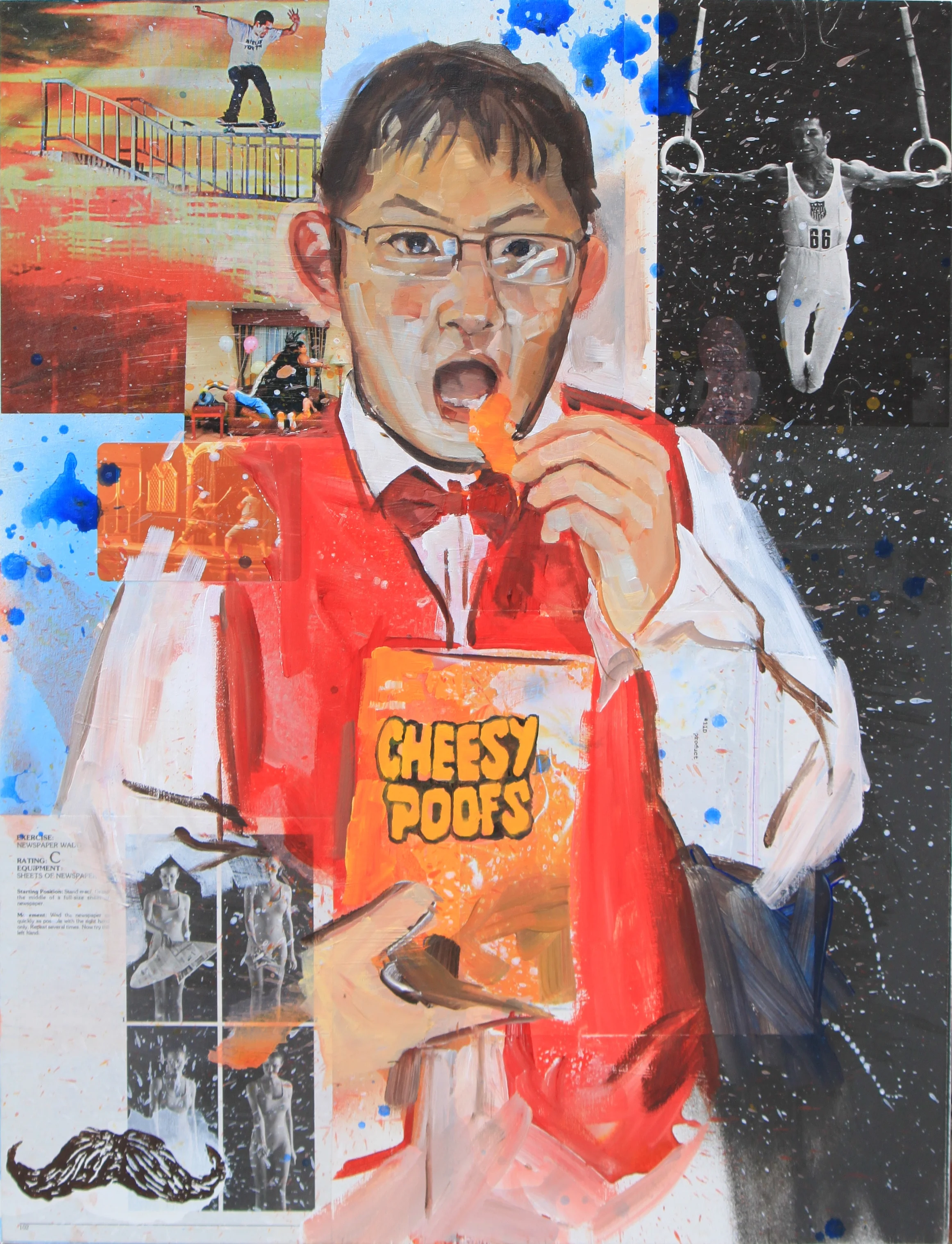 Cheesy Poofs 2012 paper, acrylic and oil on wood panel 32 x 24 inches