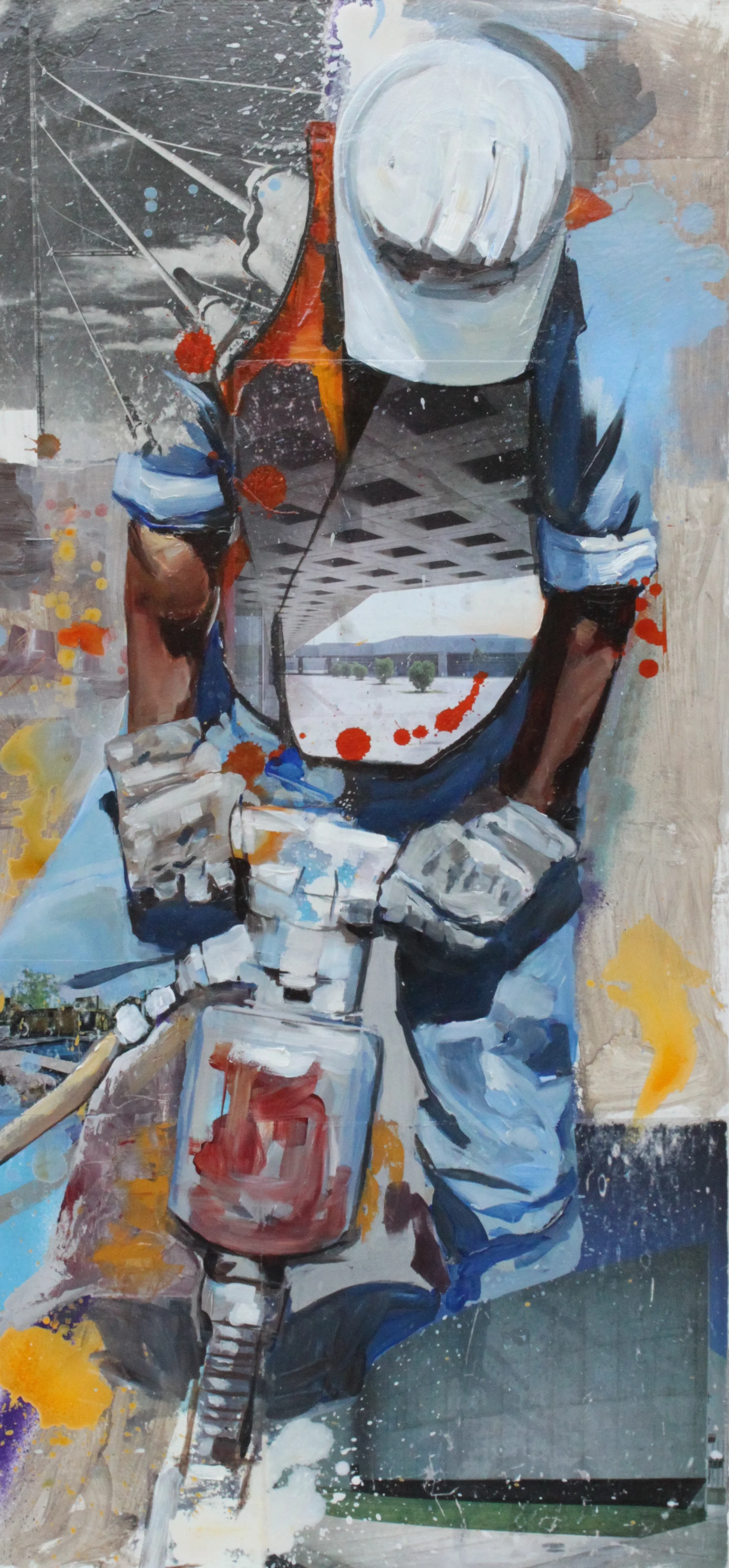 Jackhammer 2012 paper, acrylic and oil on wood panel 24 x 12 inches