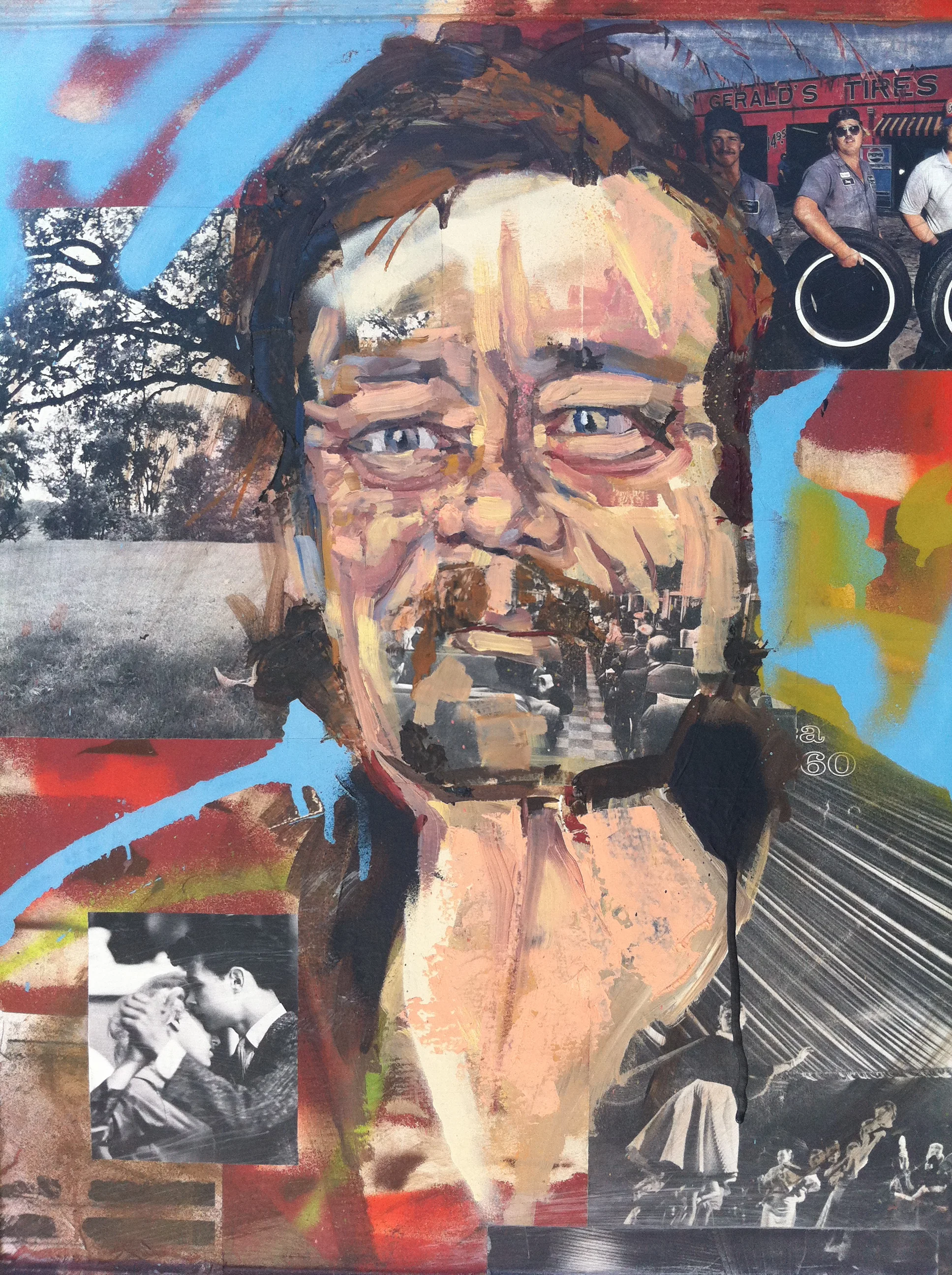 Moe 2011 paper, acrylic and oil on found wood 36 x 24 inches