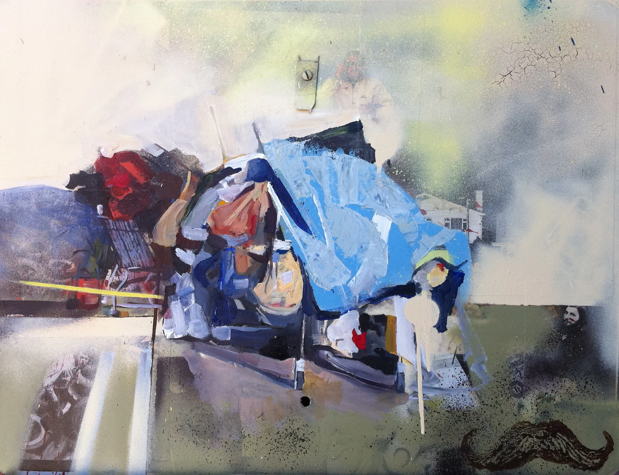 Transitional Housing 2011 paper, acrylic and oil on found wood 16 x 20 inches