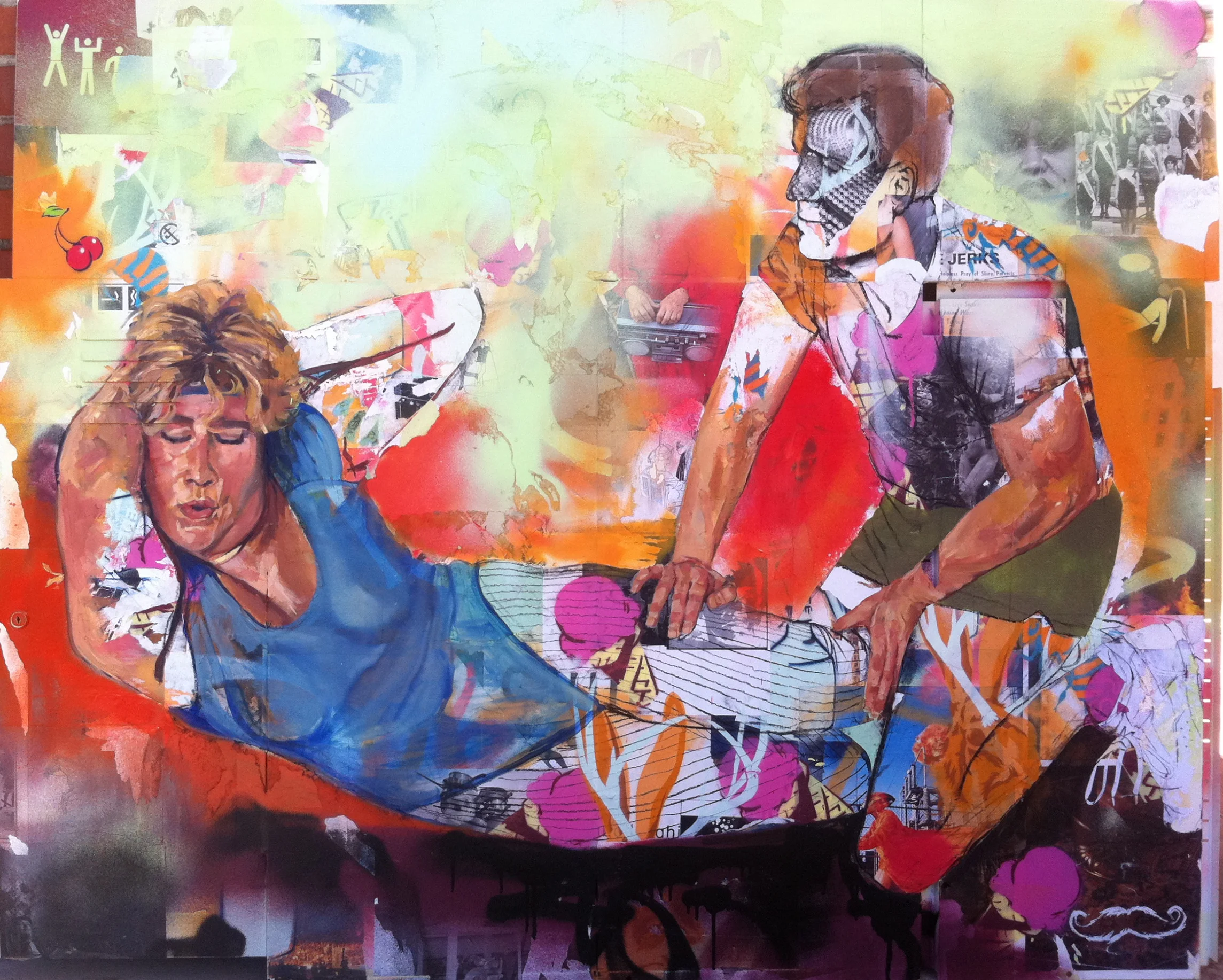   Side Crunch  2011 paper, acrylic and oil on deconstructed metal locker 50 x 72 inches 