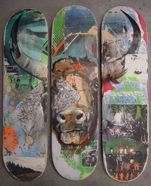The Bull 2010 paper, spray paint and acrylic on reclaimed skate board decks 30 x 36 inches