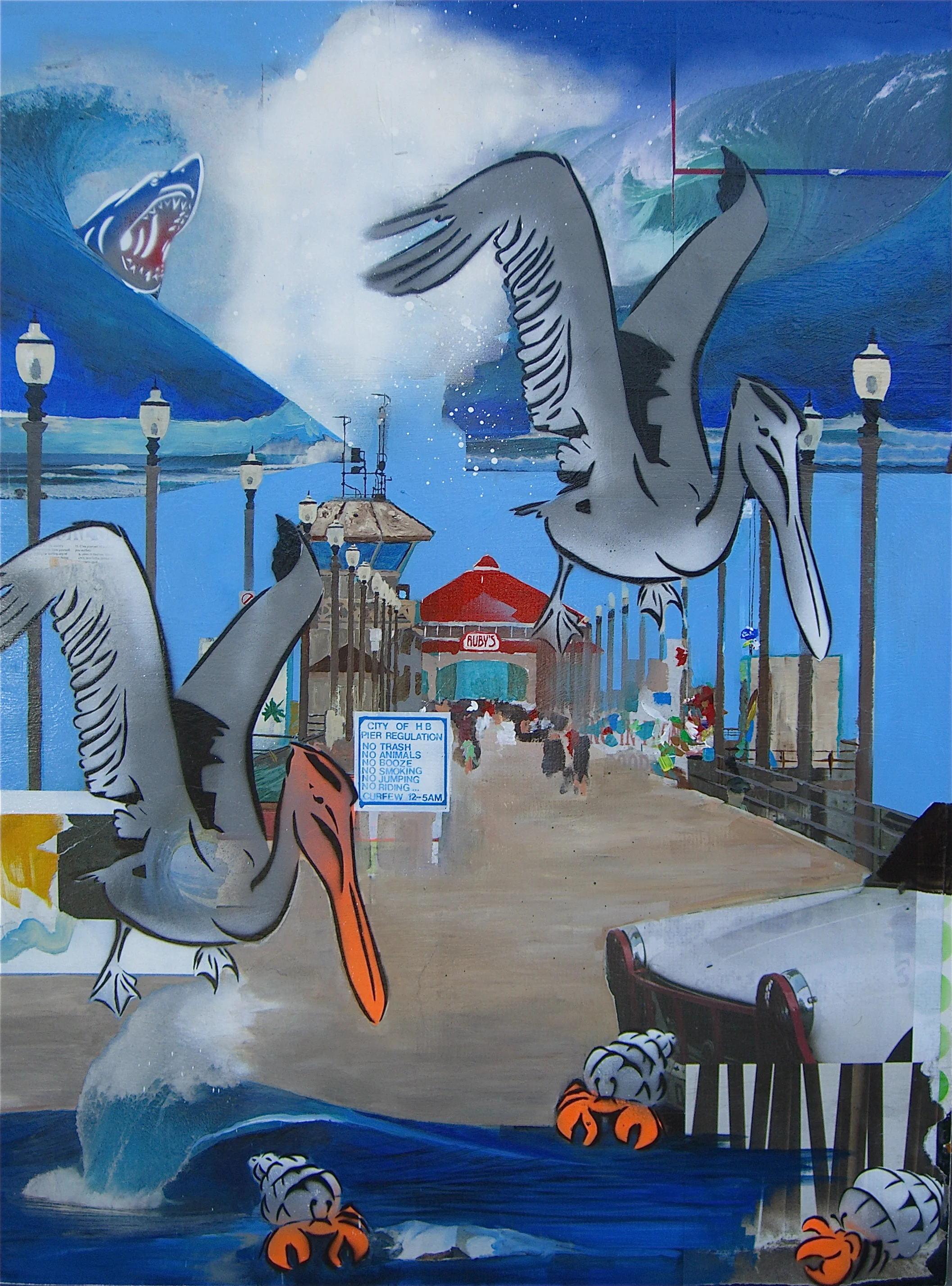  The Pier  2008 paper, spray paint and acrylic on canvas 40 x 28 inches 