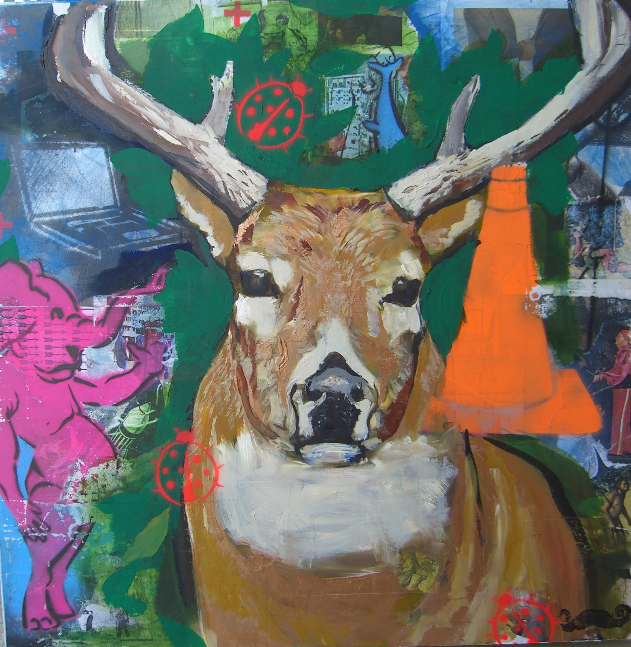   The Stag   2009 paper, spray paint and acrylic on wood panel 15 x 15 inches 