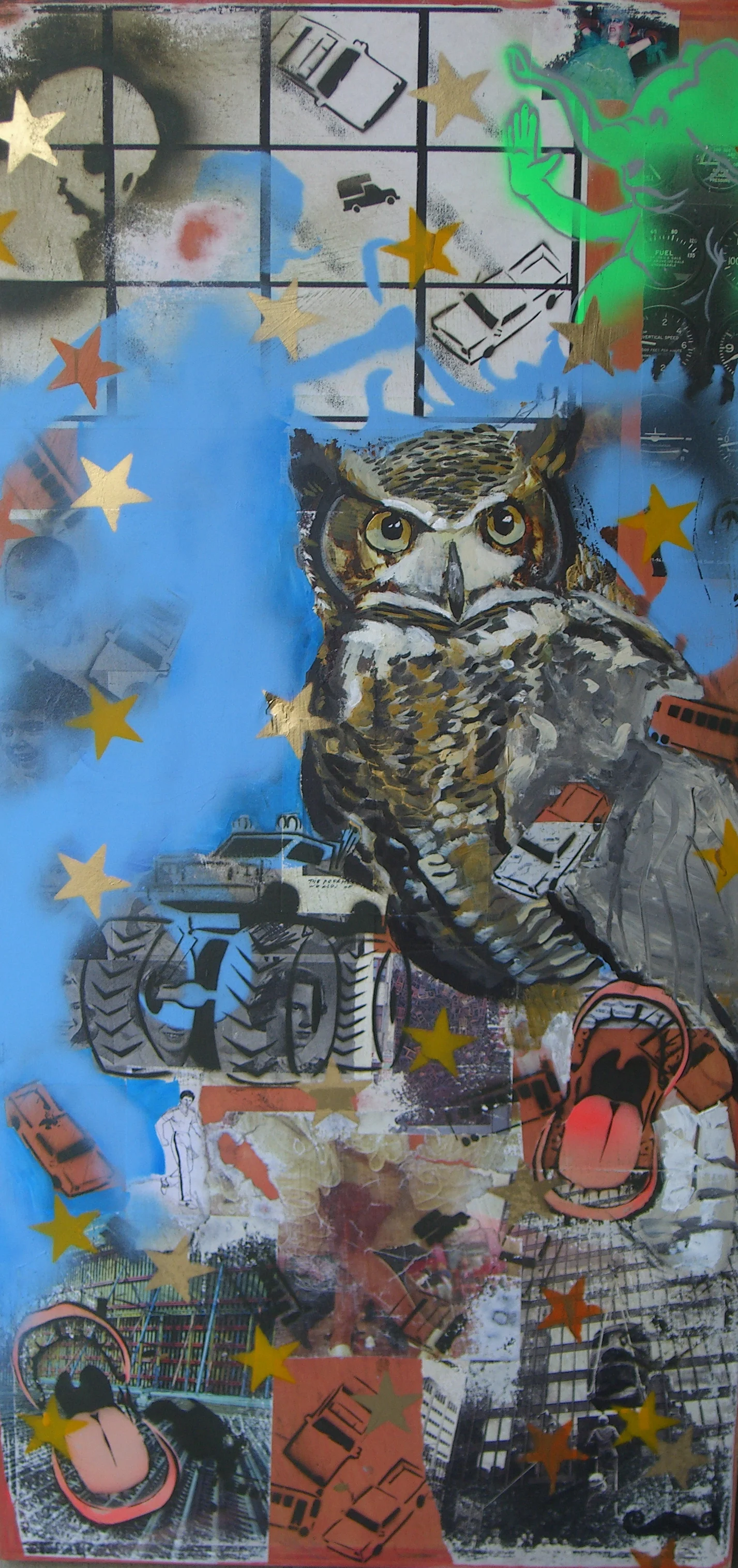   The Owl  2009 paper, spray paint and acrylic on wood panel 40 x 24 inches 