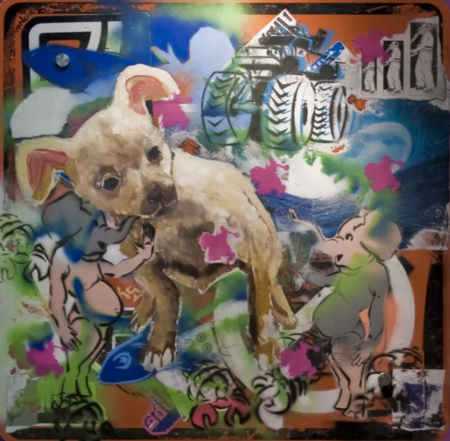 Chihuahua 2008 paper, spray paint and acrylic on reclaimed metal road sign 24 x 24 inches