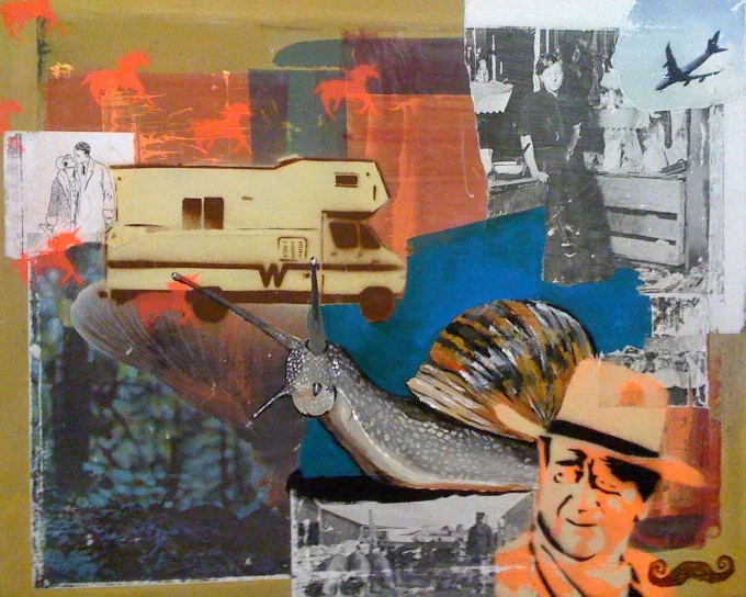 Herman the Snail 2009 paper, spray paint and acrylic on silk screen 24 x 36 inches