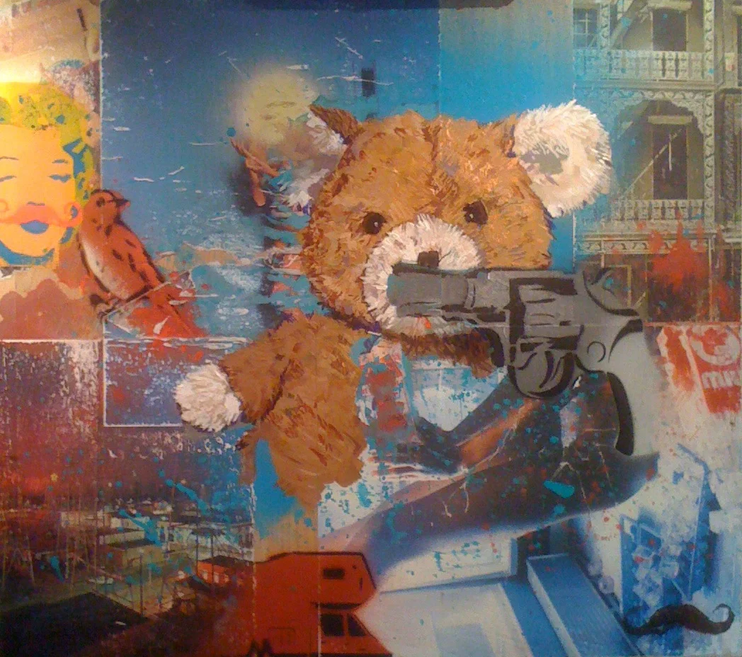 Domestic Violence 2010 paper, spray paint and acrylic on wood panel 24 x 30 inches