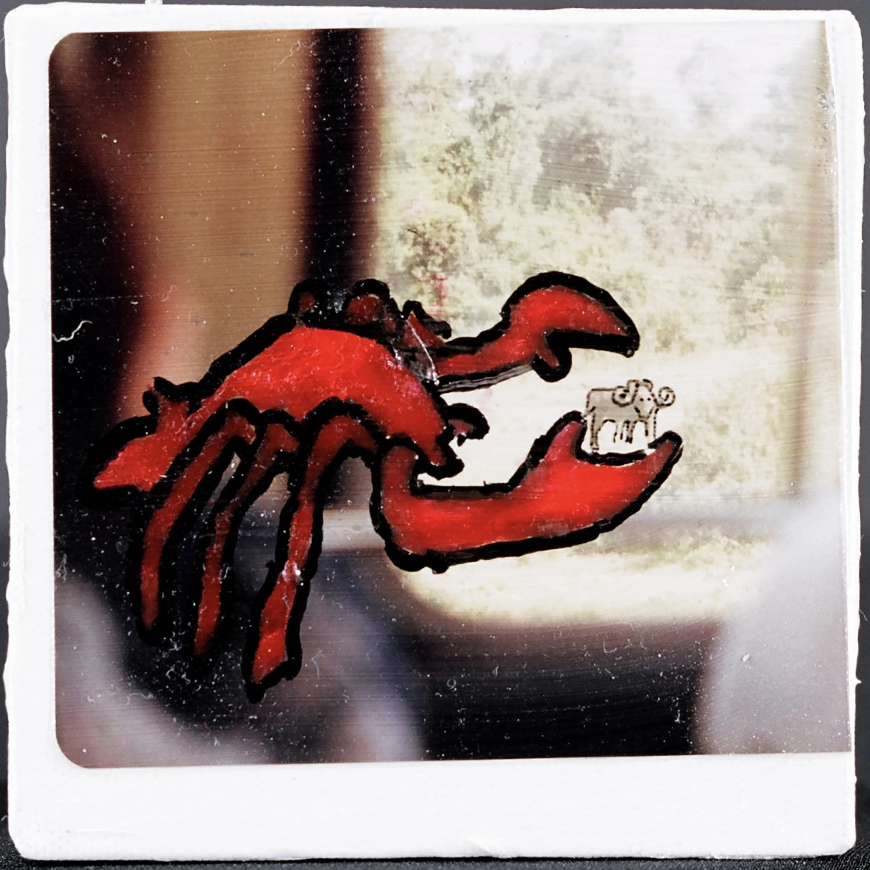 Lobster and the Buffalo 2003 vintage photo, permanent marker, paint pen and acrylic on canvas 6 x 6 inches