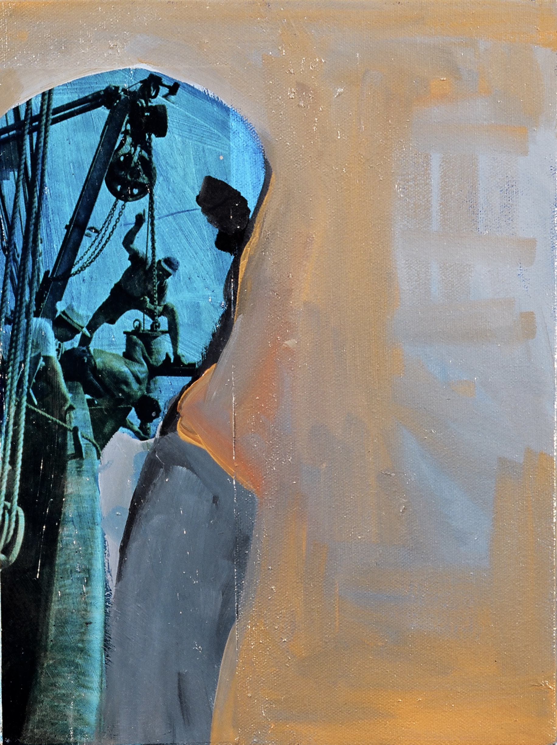 Self Portrait paper, acrylic and oil on canvas 12 x 9 inches