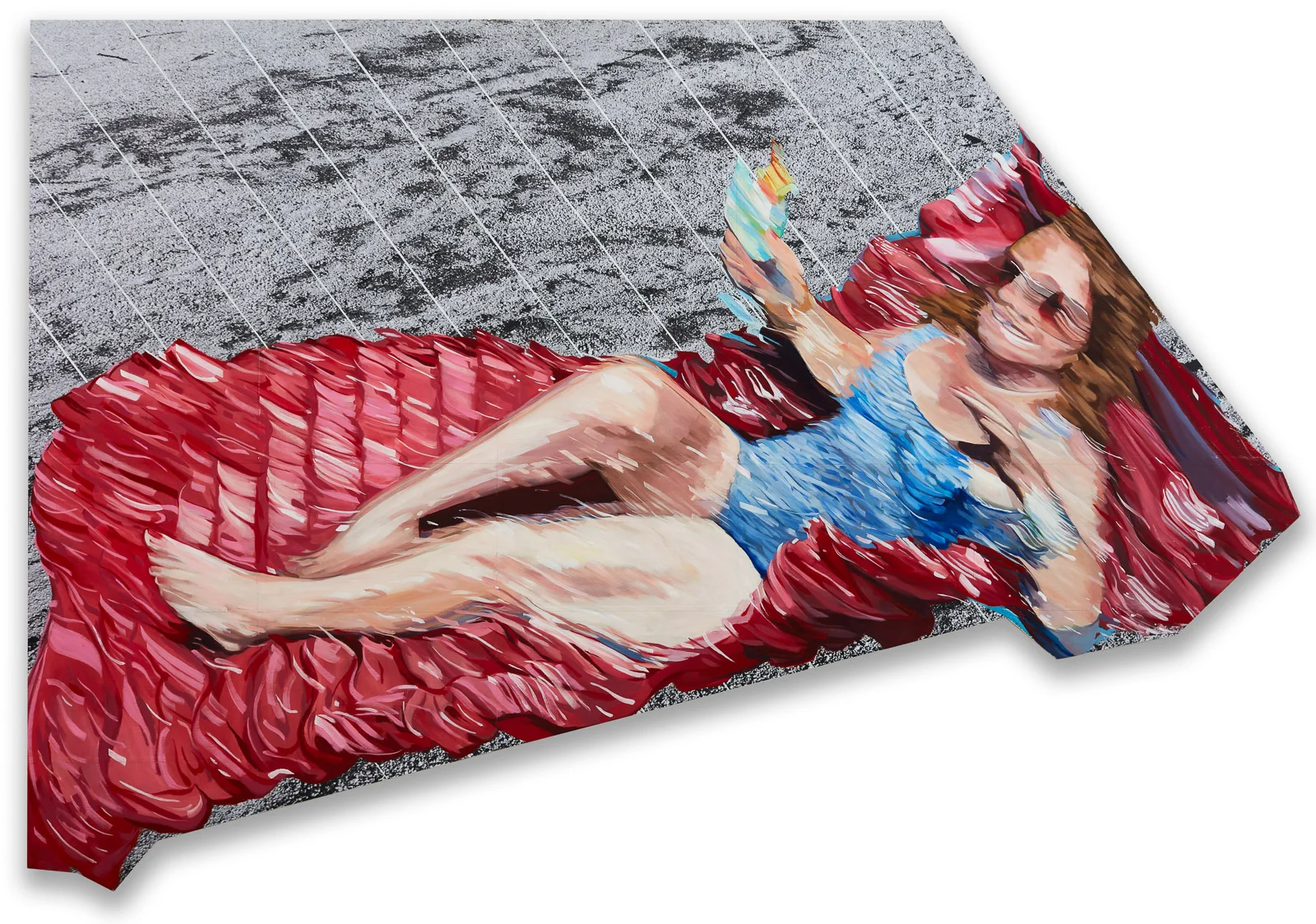 Inflatable Oasis 2019, paper, acrylic and oil on wood panel, 60 x 84 inches