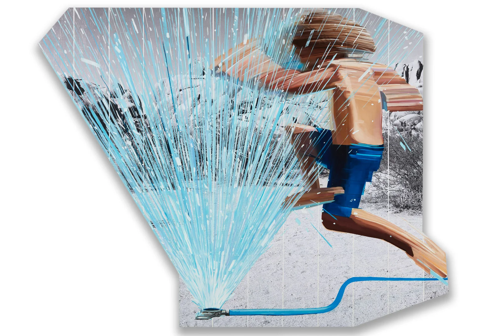 Skipping Sprinklers 2019, paper, acrylic and oil on wood panel, 42 x 60 inches