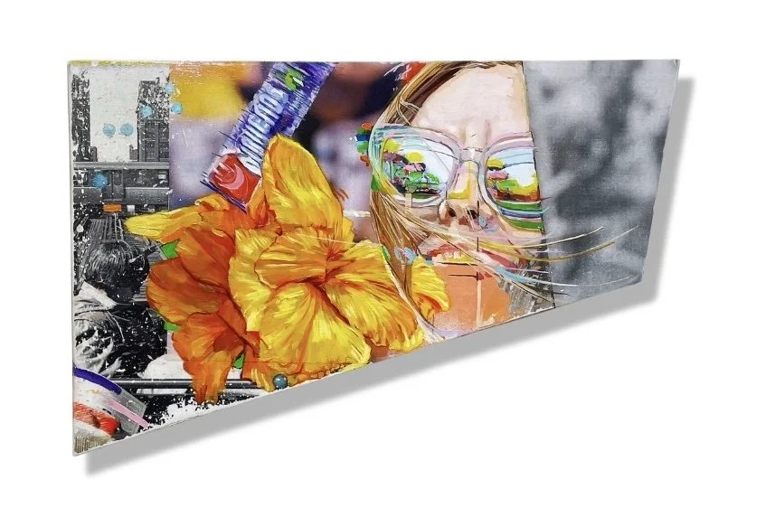   Sweat Hibiscus Dazzle  2025, photo collage, acrylic and oil on wood panel,&nbsp;14 x 20 inches 