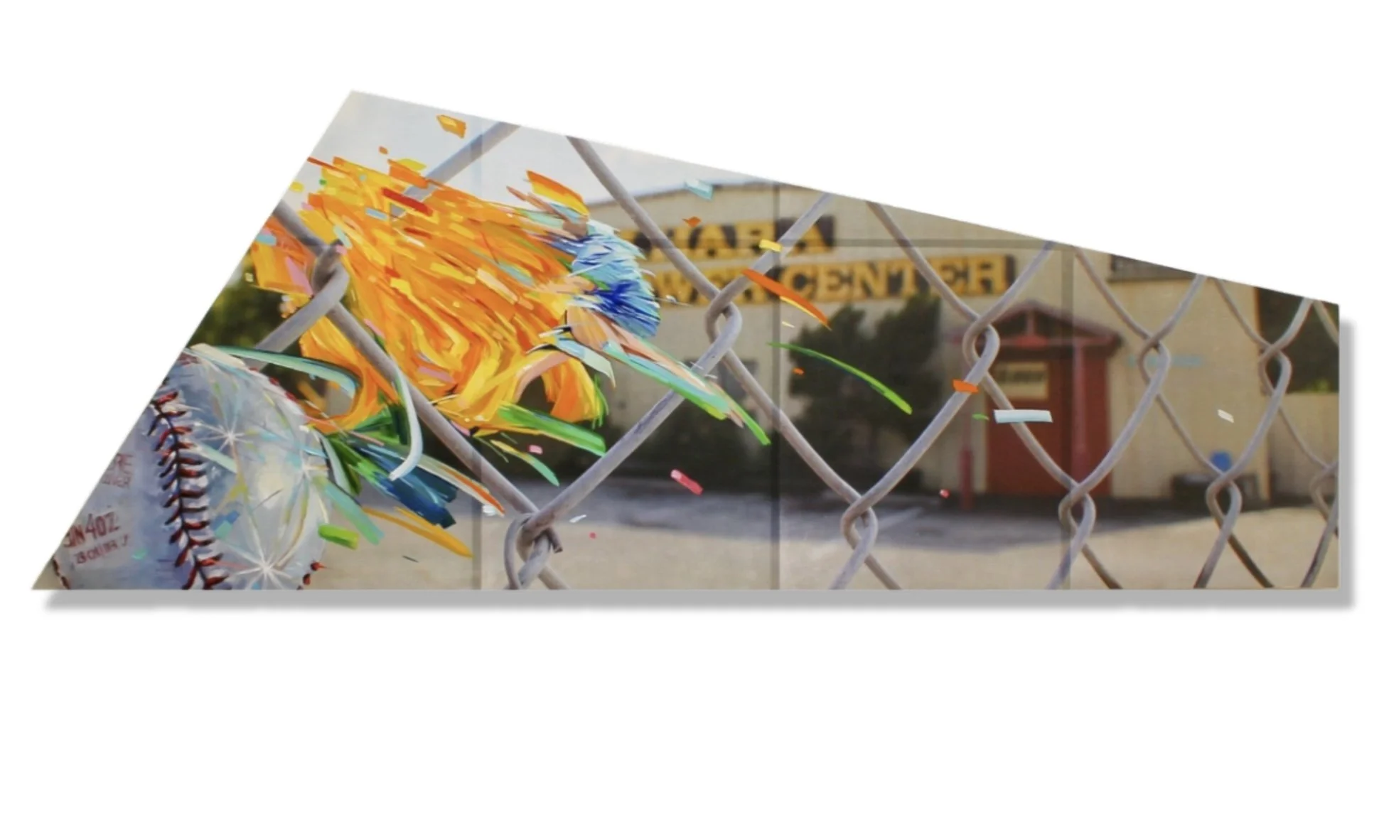   Brief Trespass, Swift Return  2025, acrylic and oil of photo collage wood panel, 18 x 48 inches 