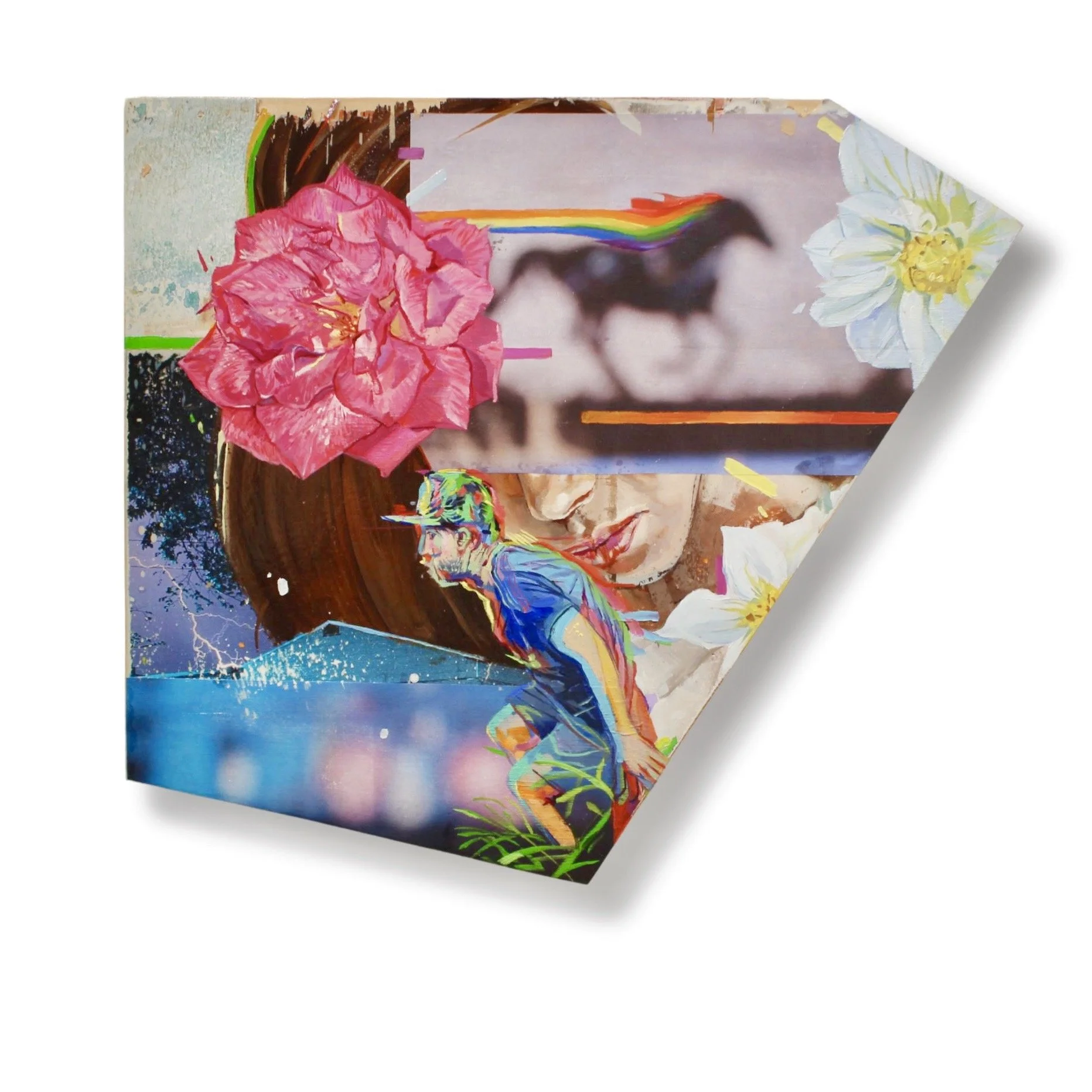   Rainbow Gallop  2025, Acrylic and oil on photo collage wood panel,&nbsp;16 x 18 inches&nbsp; 
