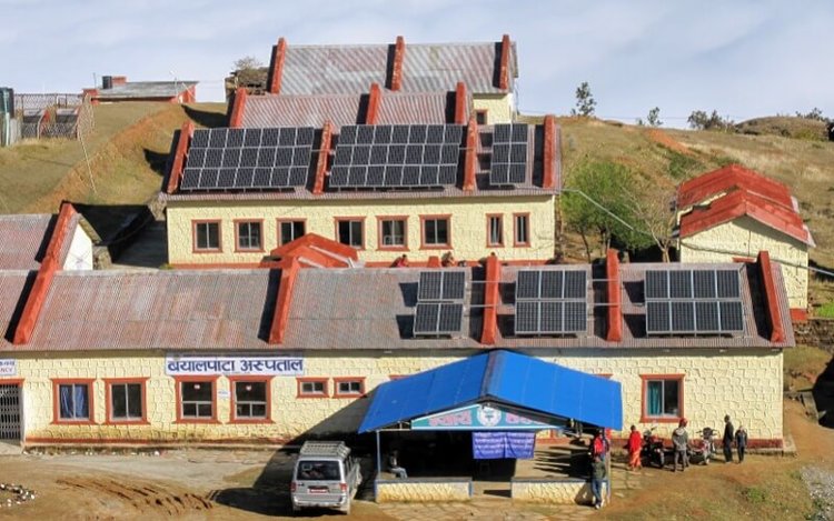 Arieal view of Bayalpata Hospital now with solar panels on the roof.