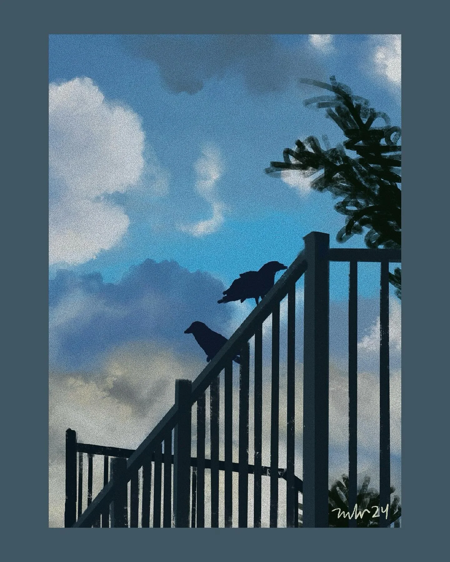 Just a couple crows drying off after a springtime shower! 🐦&zwj;⬛ 🌧️ ⛅️

#procreate #digitalpainting #procreateart #crows #clouds #afterthestorm #springshowers #favbird