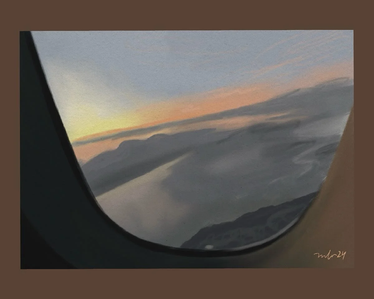 ✈️ Sunset from the skies 🌅 

I forget which trip the reference photo was from in the depths of my camera roll, but it inspired me to try a more fuzzy vibe to match the blur of the photo itself. ☁️ 

🛫 Where&rsquo;s the next place on your bucket lis