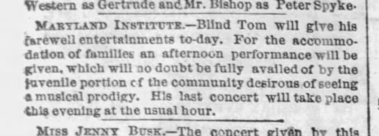 Clippings: "Blind Tom" Season Farewell Concert, 1868